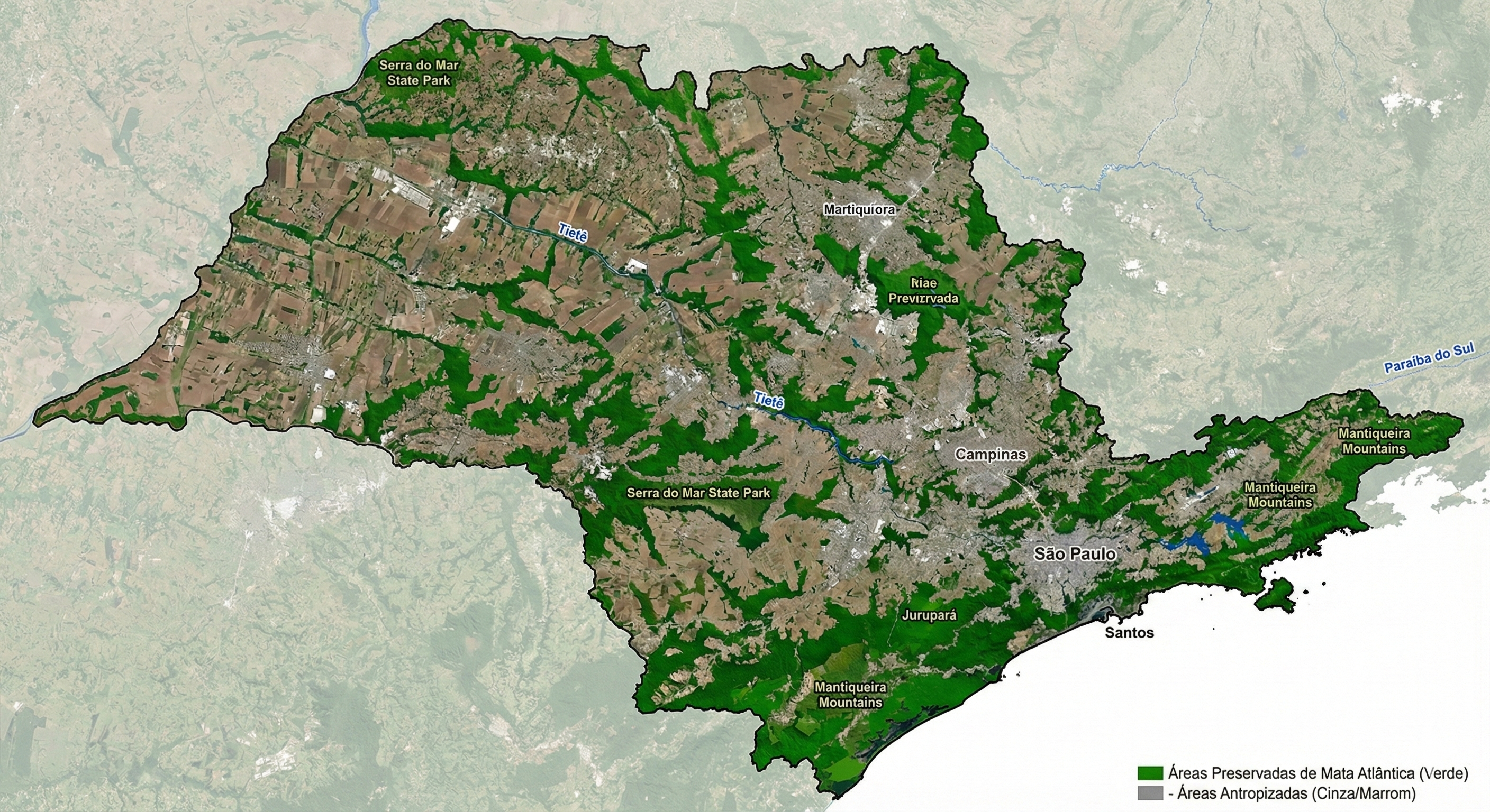 Mapa de SP visto de cima com a imagem de matas preservadas